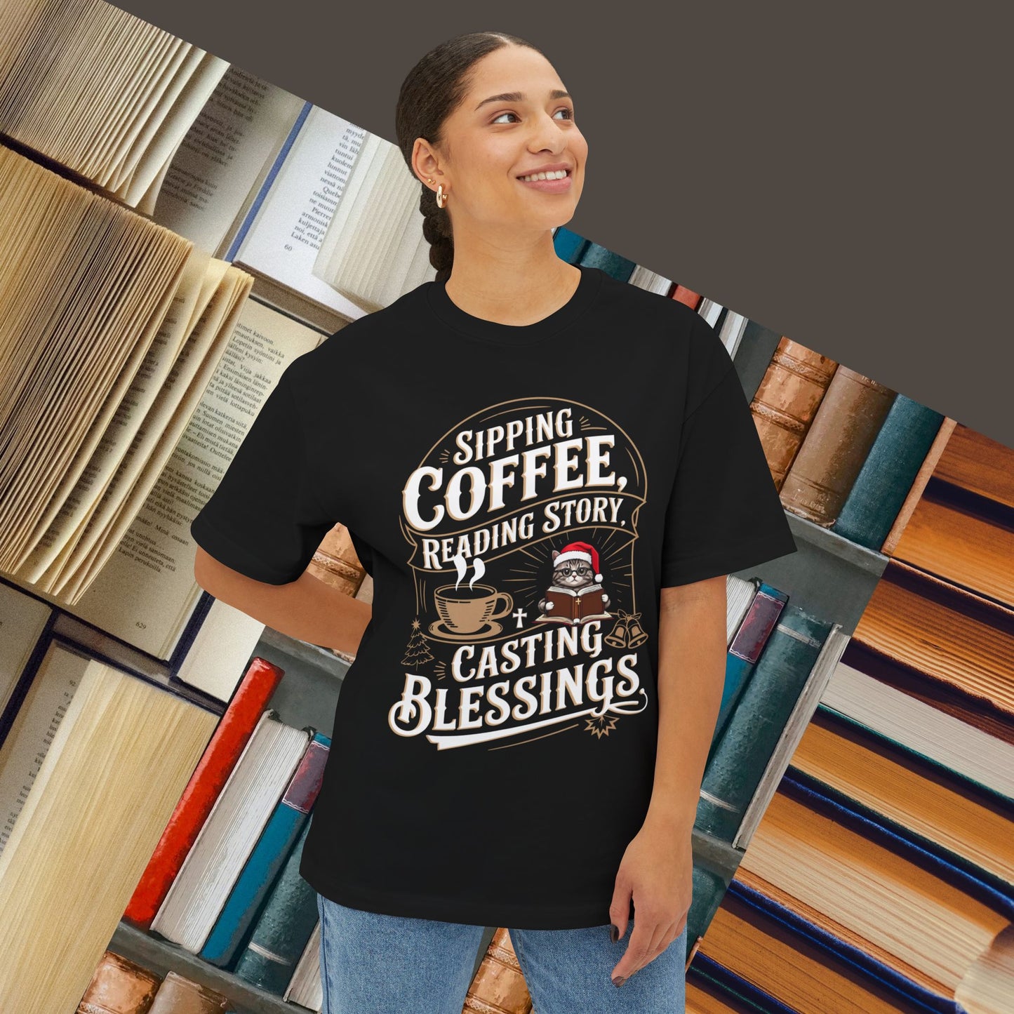 Sipping Coffee Reading Story Unisex Beerlover Oversized Boxy Tshirts