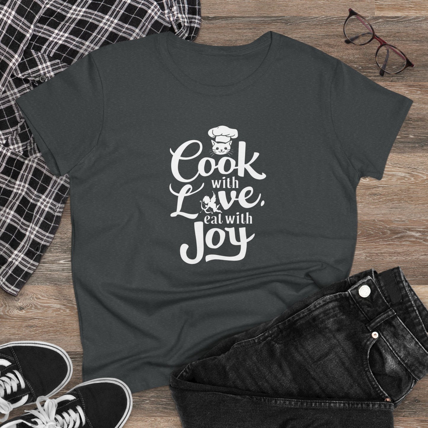 Cook With Love Eat With Joy Women Cotton Tshirts