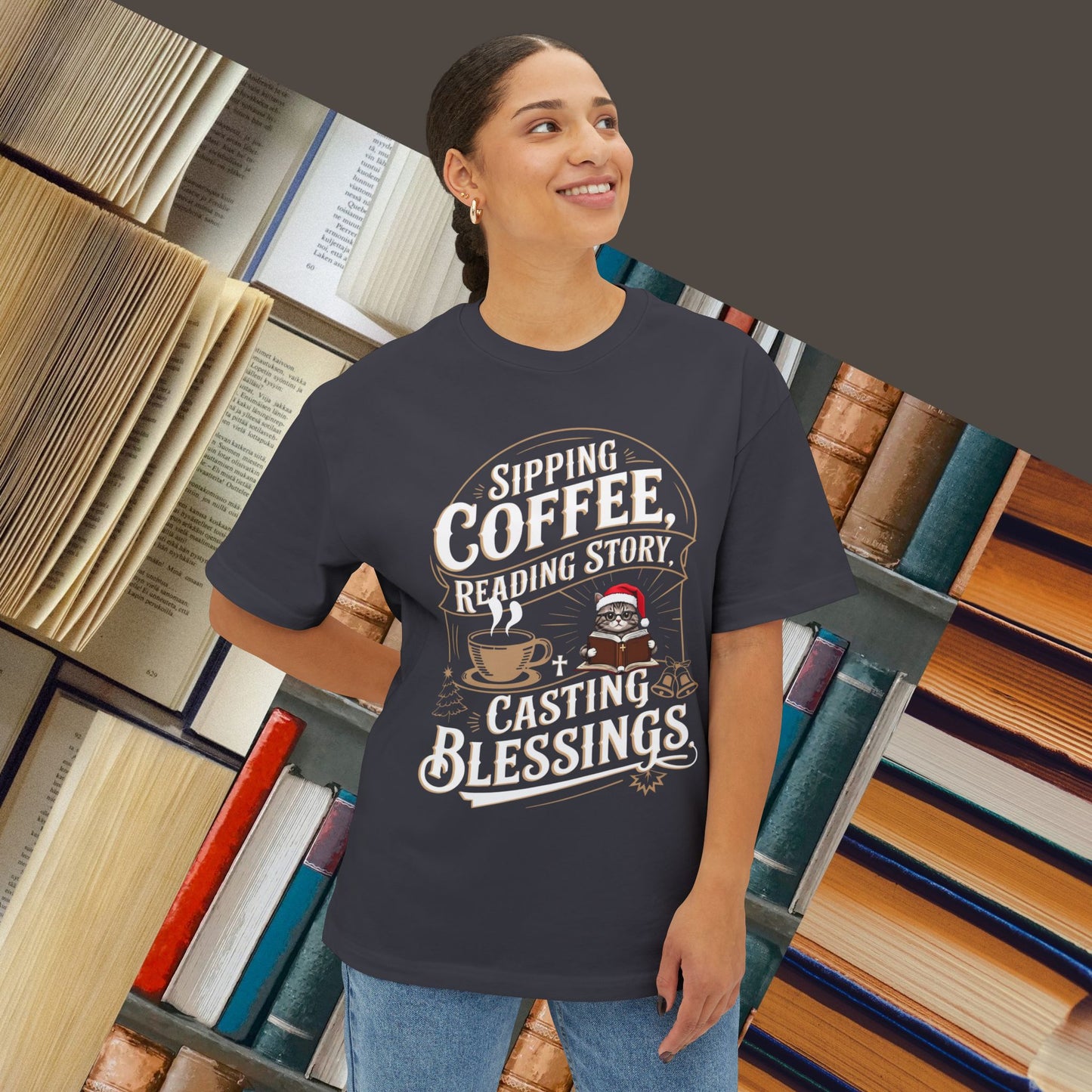 Sipping Coffee Reading Story Unisex Beerlover Oversized Boxy Tshirts