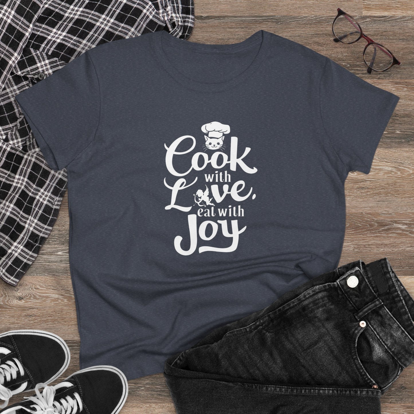 Cook With Love Eat With Joy Women Cotton Tshirts