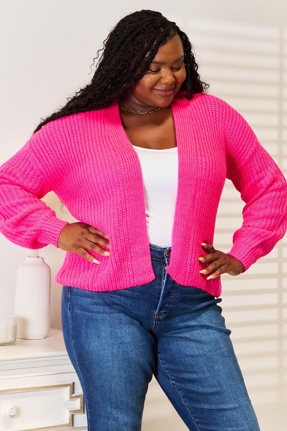 Cropped Cardigan Rib-Knit Open Front Long Sleeve Loose Chunky Knit Sweater Coat