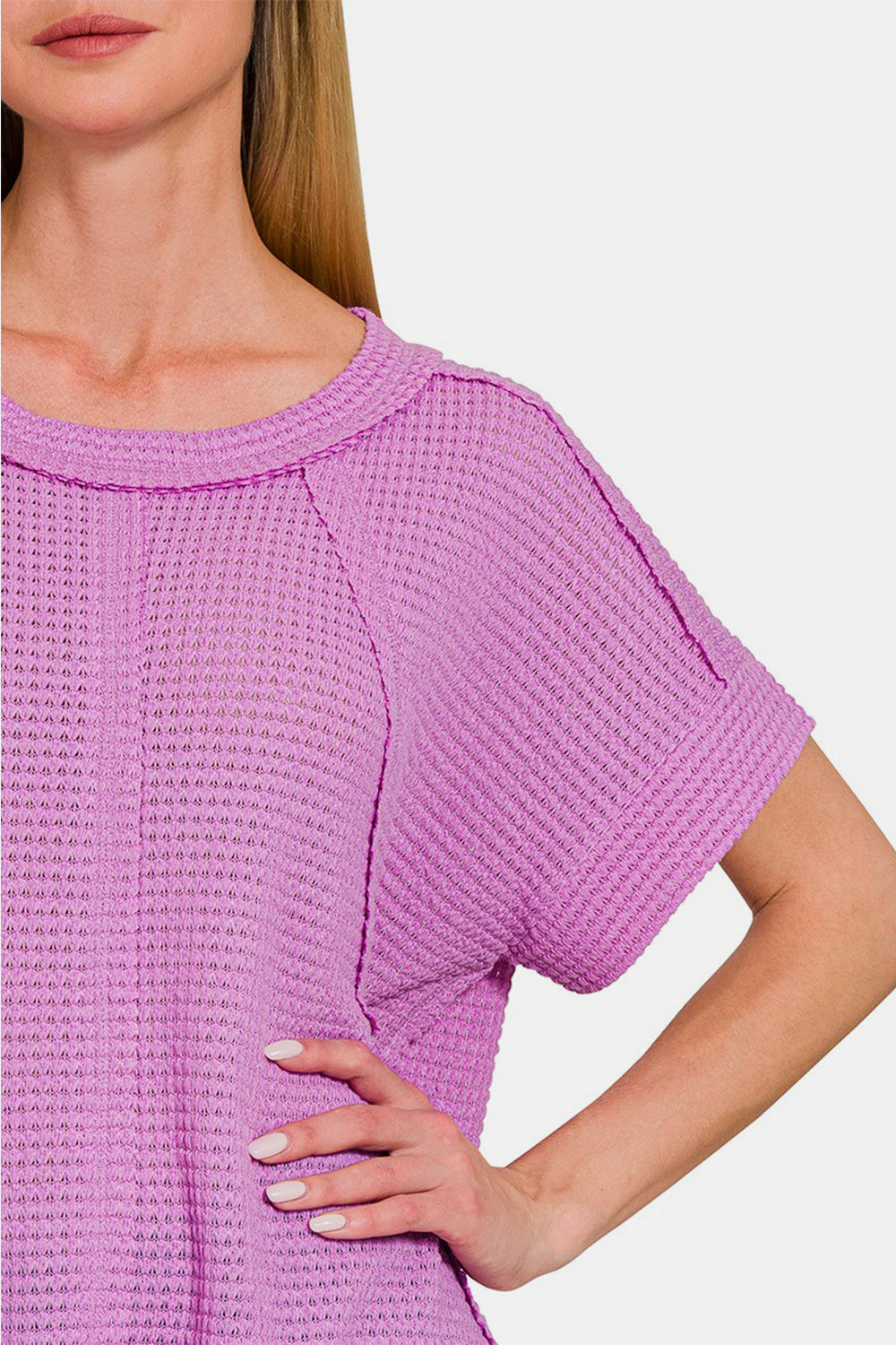 Waffle Exposed-Seam Short Sleeve T-Shirt In Lavender