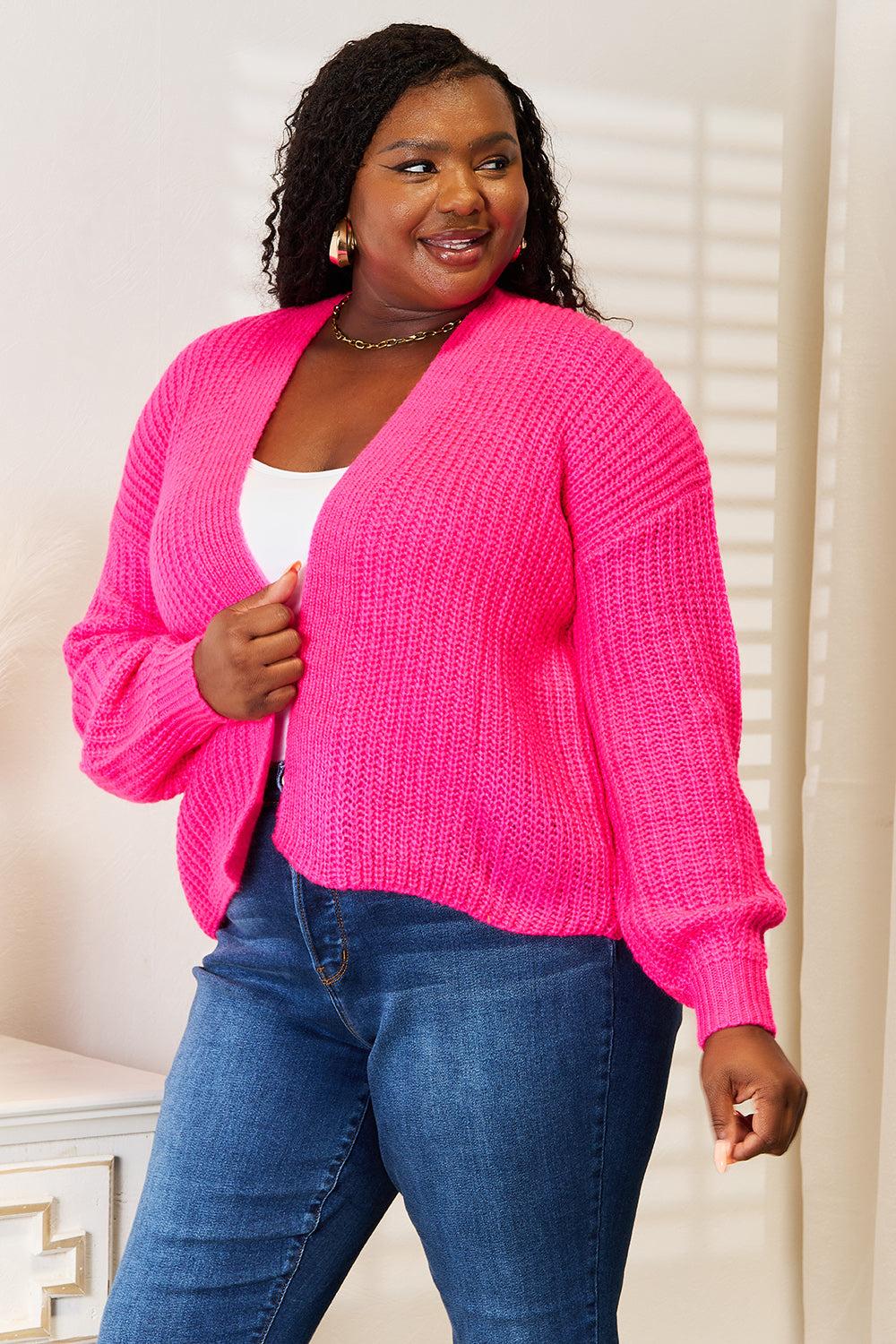 Cropped Cardigan Rib-Knit Open Front Long Sleeve Loose Chunky Knit Sweater Coat