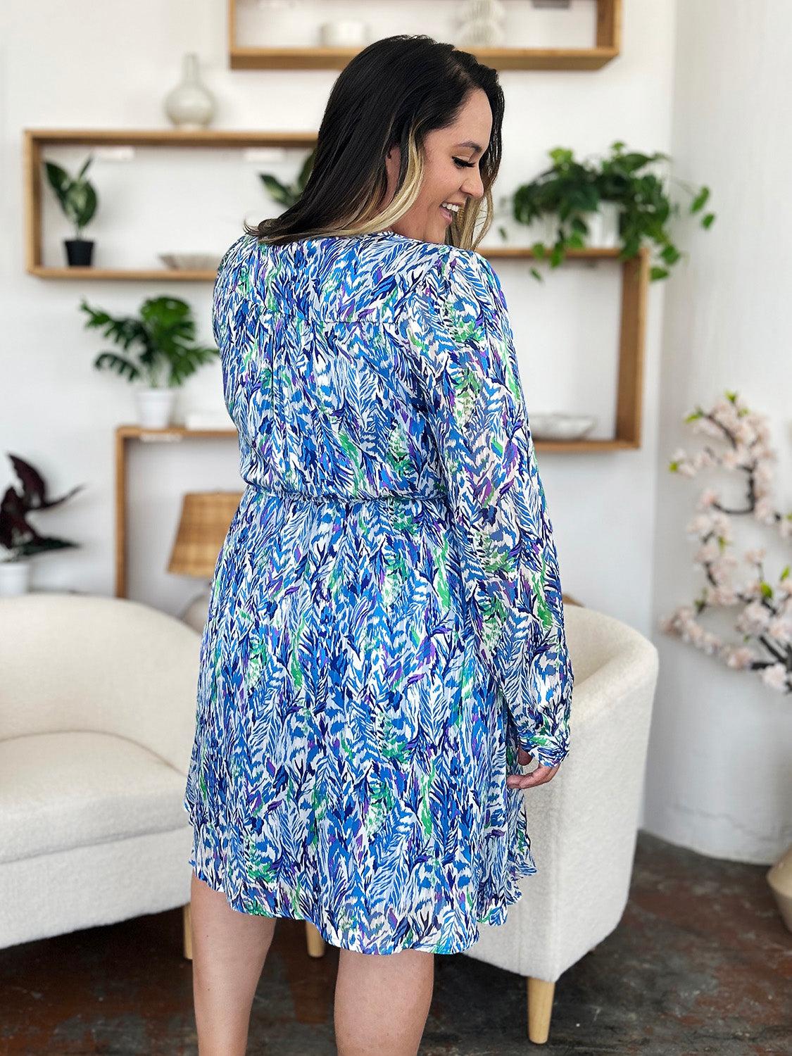 Printed Drawstring Waist Long Sleeve Dress