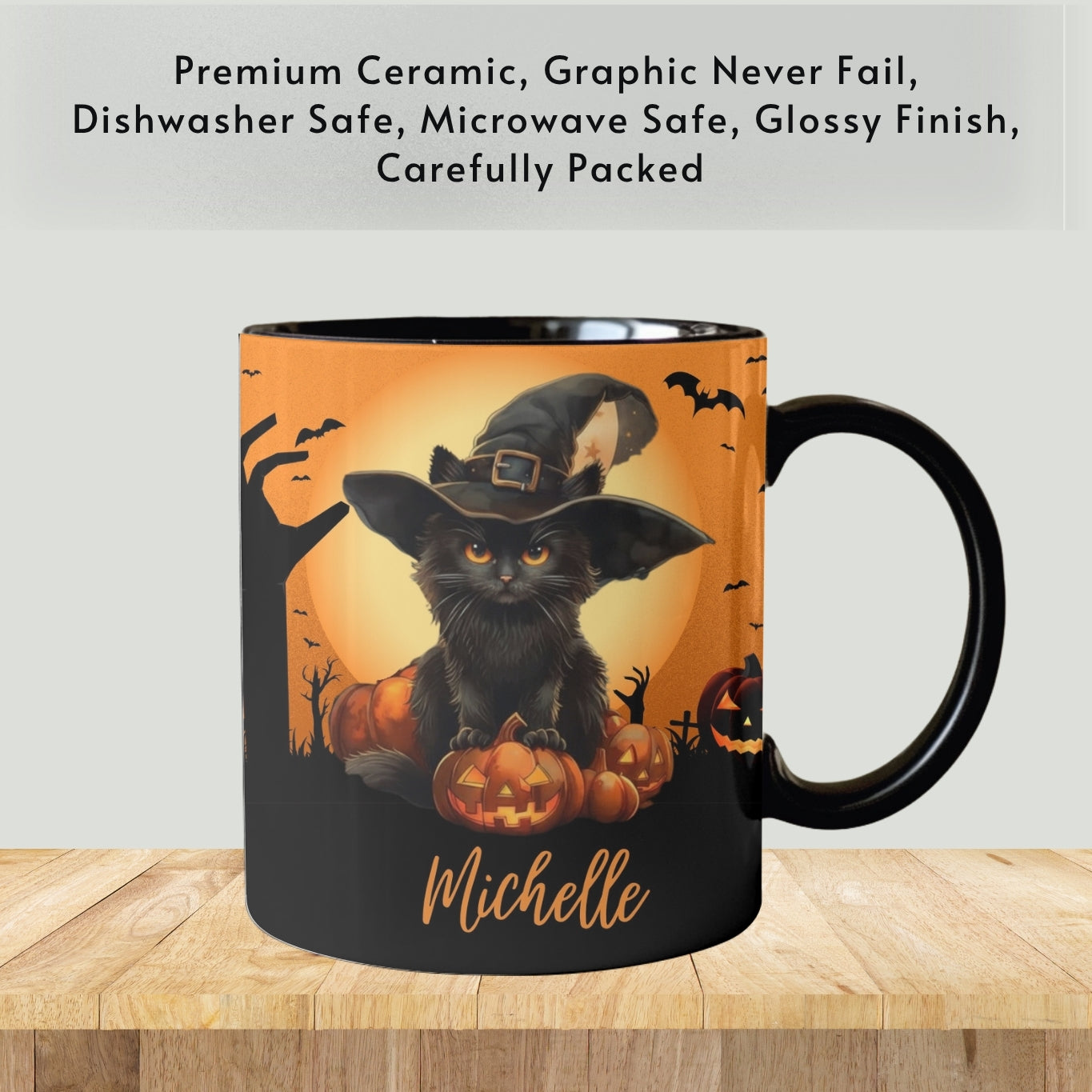 Personalized Black Cat Halloween Mug: Spooky Autumn Gift