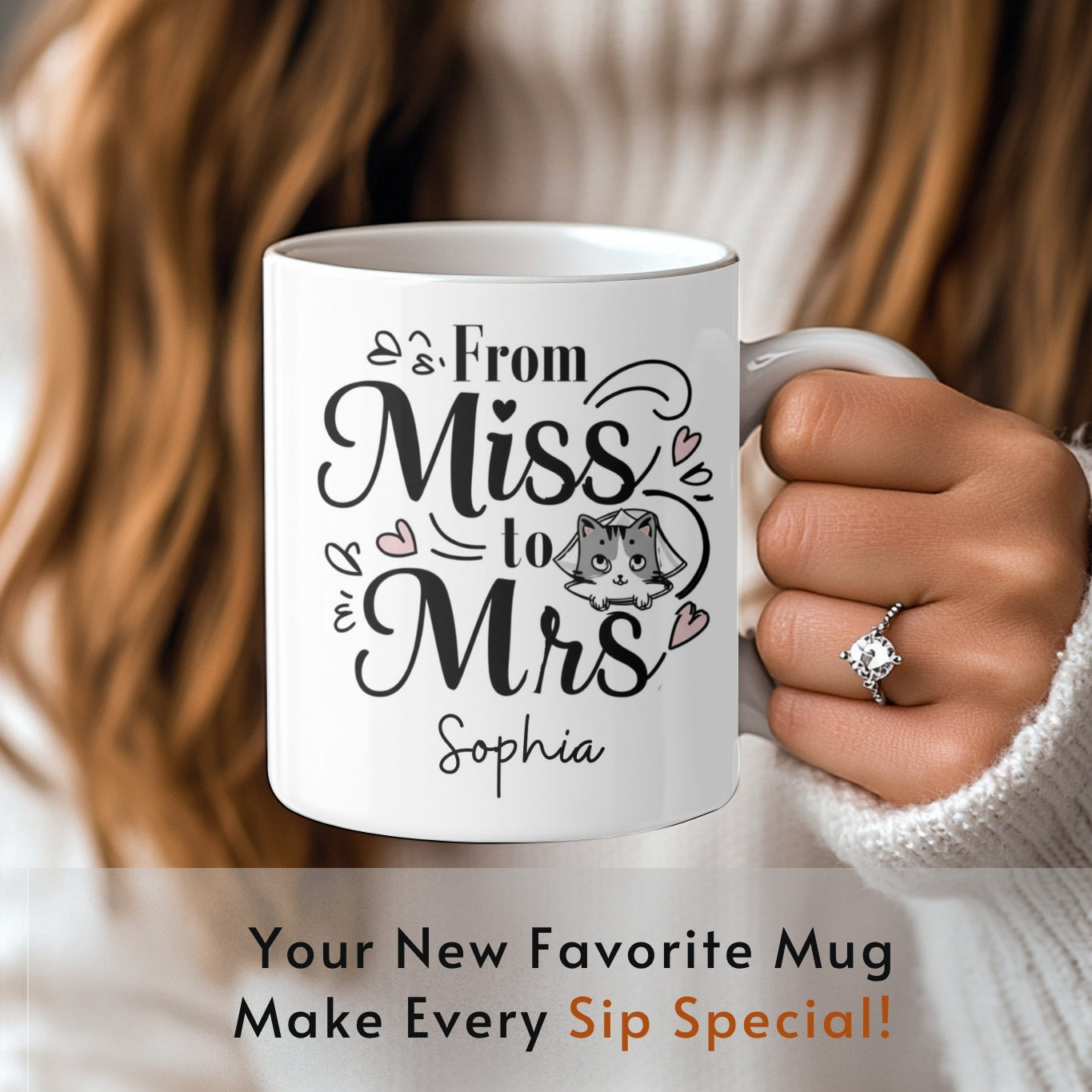 Personalized Future Mrs Mug, Personalised Name Cat Mug Gift Bride to Be, Bridal Shower Gift, Wedding Mug, Custom Name Fiance Coffee Cup