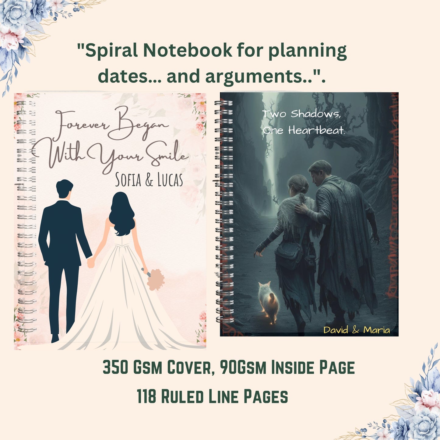Custom Couple’s Spiral Notebook – Personalized Name Journal,Valentine’s Day Gift for Husband Wife,Wedding Engagement Anniversary Memory Book