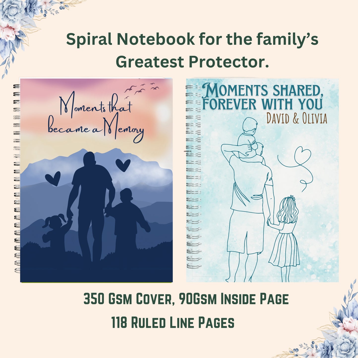 Custom Spiral Notebook, Personalized Name Journal, Floral Diary, Daily Gratitude Journal, Unique Gift for Dad, Father’s Day Present