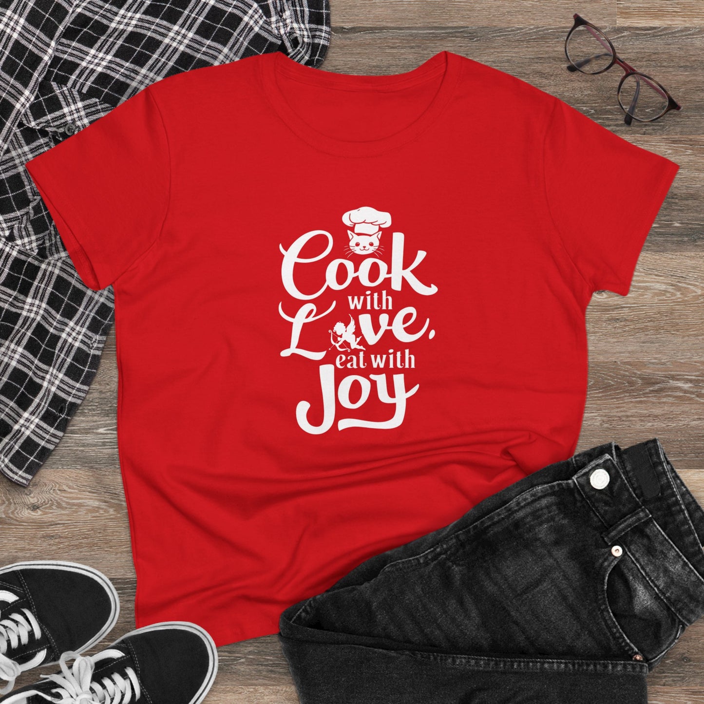 Cook With Love Eat With Joy Women Cotton Tshirts
