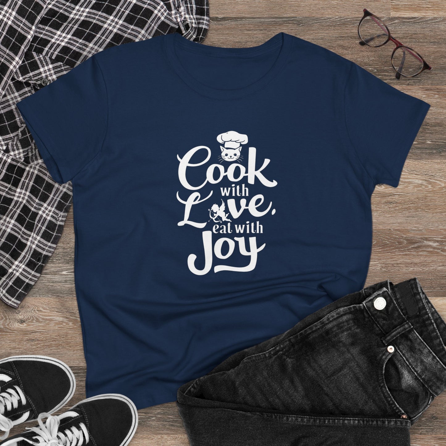Cook With Love Eat With Joy Women Cotton Tshirts