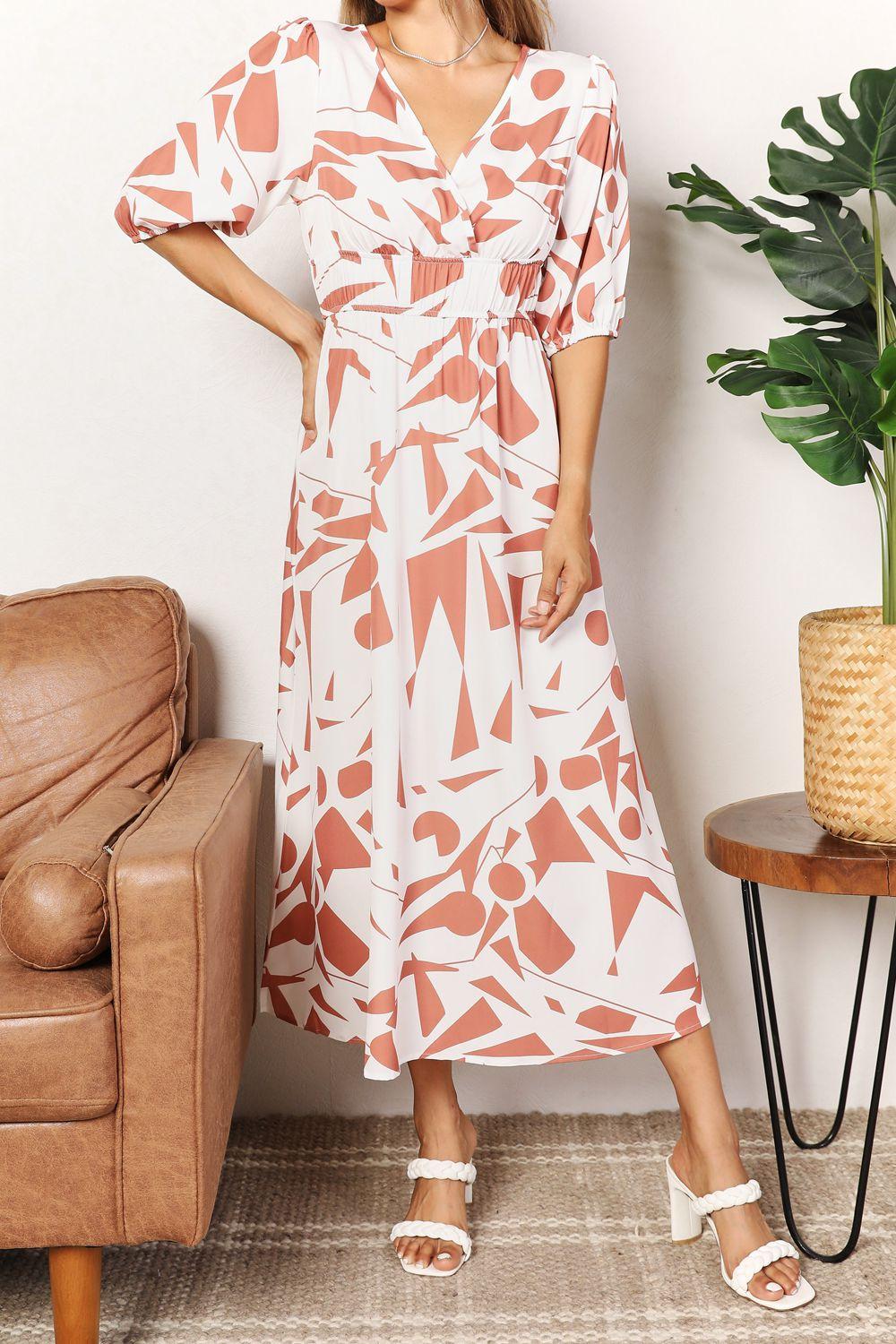 Balloon Sleeve V Neck Wrap Dress Casual Midi Dress