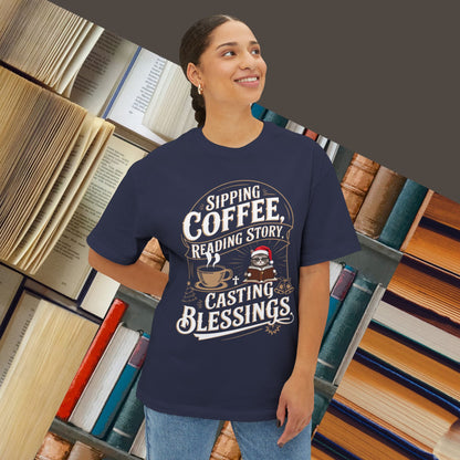 Sipping Coffee Reading Story Unisex Beerlover Oversized Boxy Tshirts