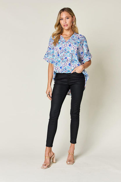 Printed V-Neck Short Sleeve Blouse