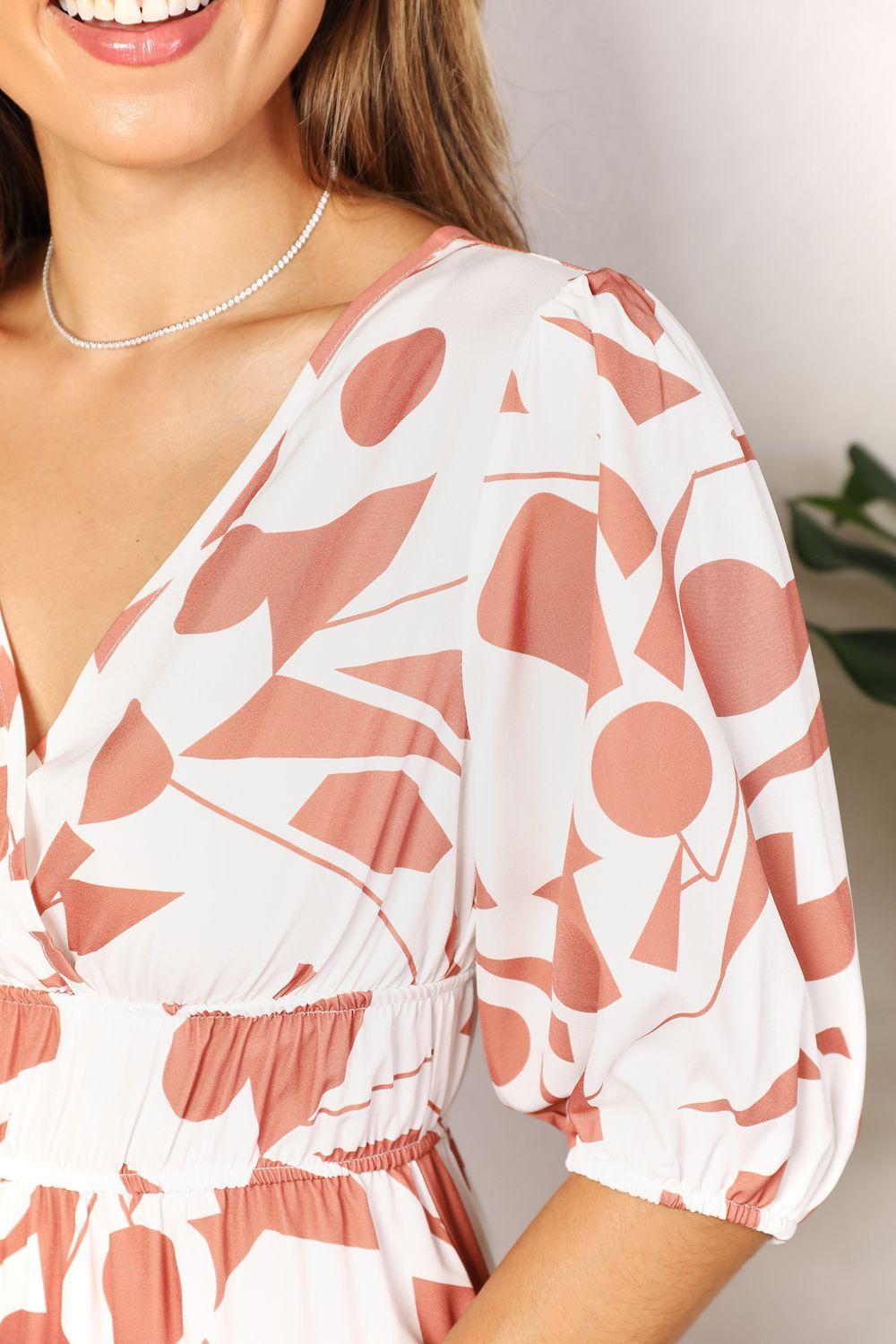 Balloon Sleeve V Neck Wrap Dress Casual Midi Dress