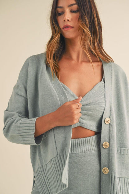 3 Pieces Sweater Set with Crop Cami, Mini Skirt, Cardigan In Blue