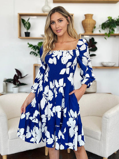 Floral Ruffle Hem Smocked Dress with Pockets