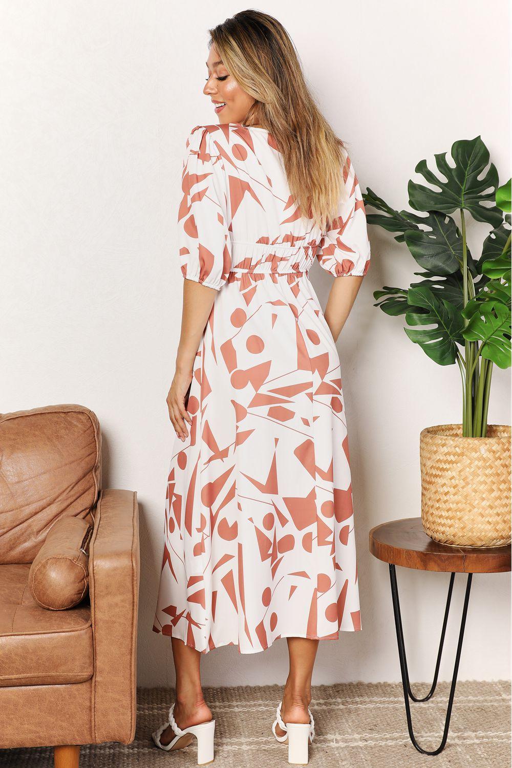 Balloon Sleeve V Neck Wrap Dress Casual Midi Dress