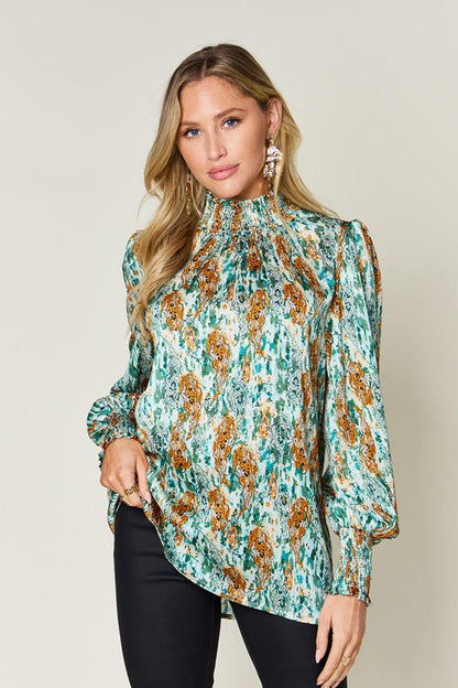 Printed Smocked Long Sleeve Blouse