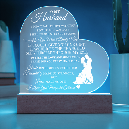 Best Gift For Husband. Printed Heart Acrylic Plaque With Led Light Base