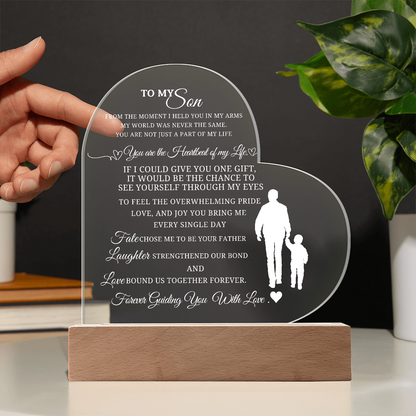 Best Gift From Father To Son. Acrylic Heart Plaque With Led Light Base
