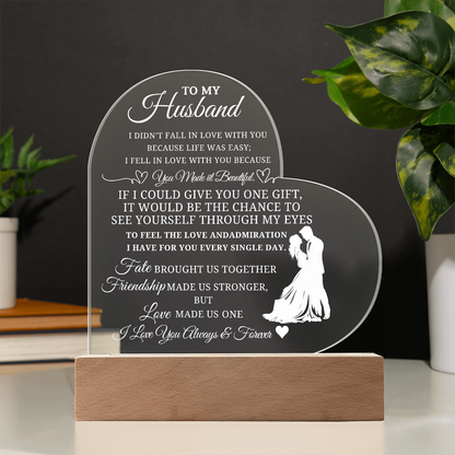 Best Gift For Husband. Printed Heart Acrylic Plaque With Led Light Base