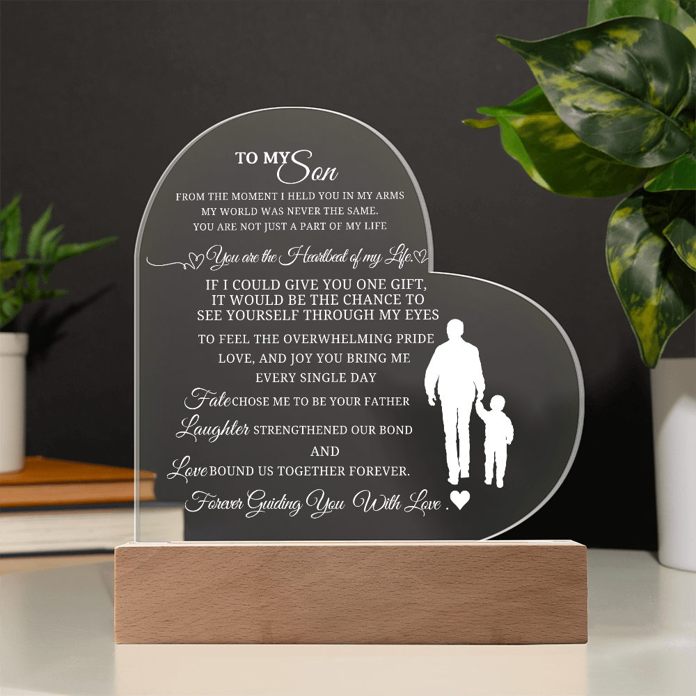 Best Gift From Father To Son. Acrylic Heart Plaque With Led Light Base
