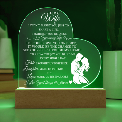 Best Gift For Wife. Acrylic Heart Plaque With Led Light Base