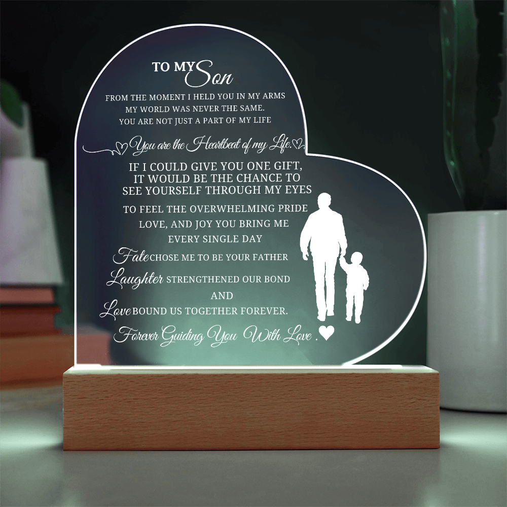 Best Gift From Father To Son. Acrylic Heart Plaque With Led Light Base