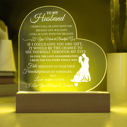 Best Gift For Husband. Printed Heart Acrylic Plaque With Led Light Base