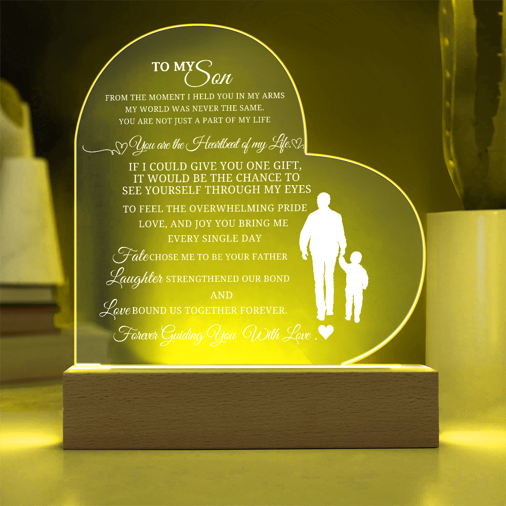 Best Gift From Father To Son. Acrylic Heart Plaque With Led Light Base