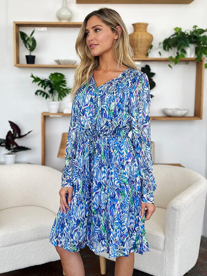 Printed Drawstring Waist Long Sleeve Dress