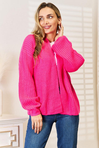 Cropped Cardigan Rib-Knit Open Front Long Sleeve Loose Chunky Knit Sweater Coat