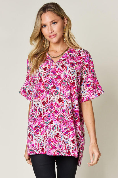 Printed V-Neck Short Sleeve Blouse