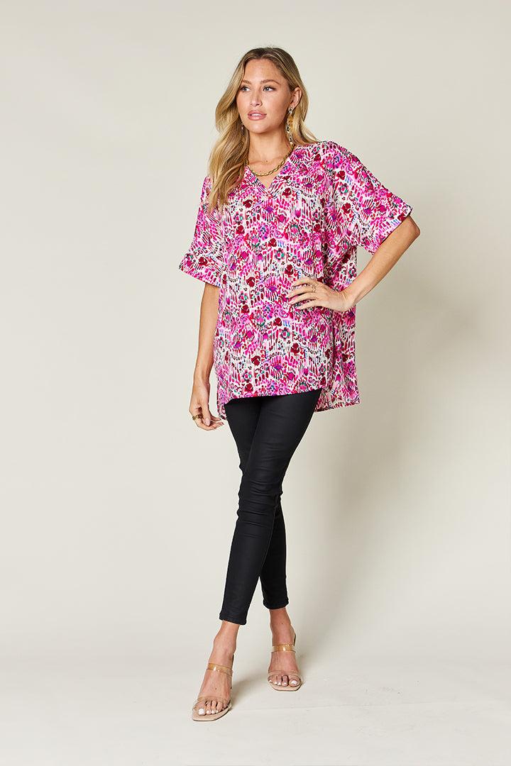 Printed V-Neck Short Sleeve Blouse