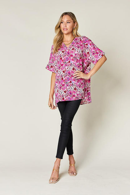 Printed V-Neck Short Sleeve Blouse