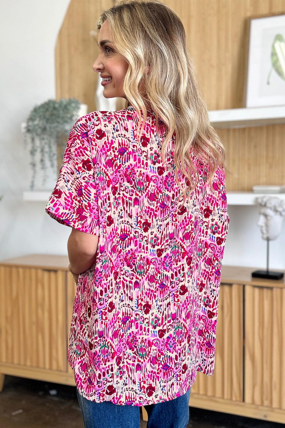 Printed V-Neck Short Sleeve Blouse