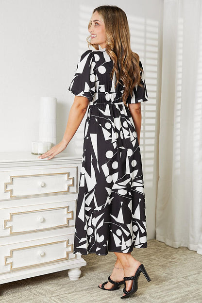 Balloon Sleeve V Neck Wrap Dress Casual Midi Dress