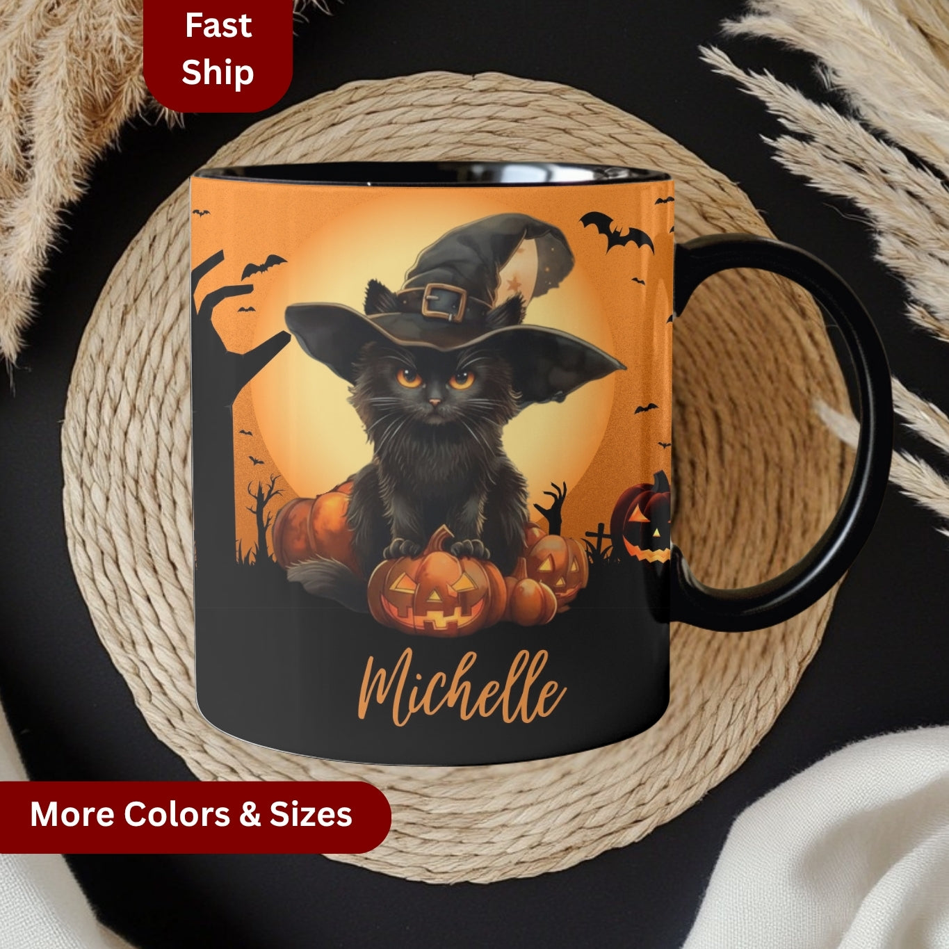 Personalized Black Cat Halloween Mug: Spooky Autumn Gift
