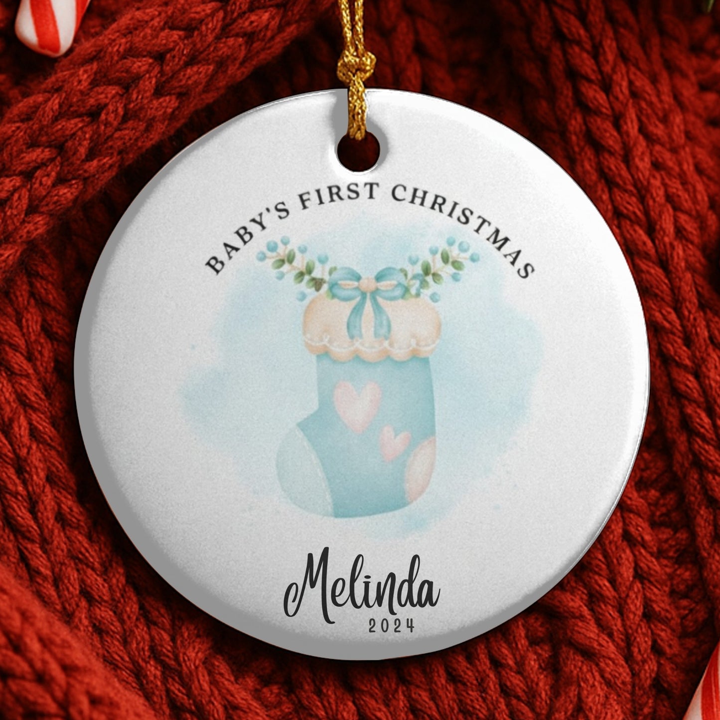 Personalized Baby’s First Christmas Ornament 2025, Custom Ceramic Ornament with Name, Cute Baby Sock Design, Newborn Keepsake Holiday Gifts
