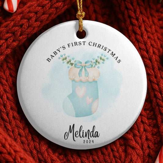 Personalized Baby’s First Christmas Ornament 2025, Custom Ceramic Ornament with Name, Cute Baby Sock Design, Newborn Keepsake Holiday Gifts