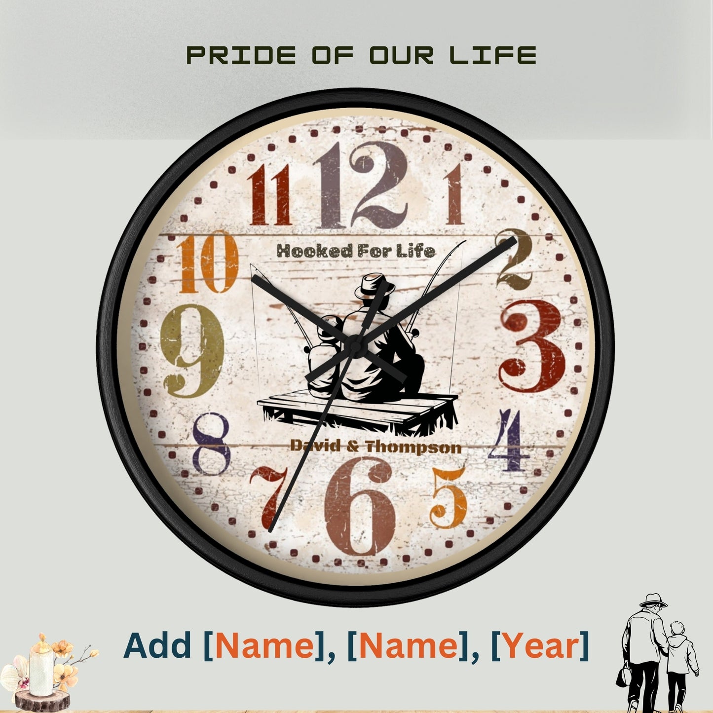 Personalized Father Son Fishing Wall Clock – Rustic Wooden Clock, Hooked for Life Gift, Custom Names, Dad & Son Keepsake, Father’s Day Gift