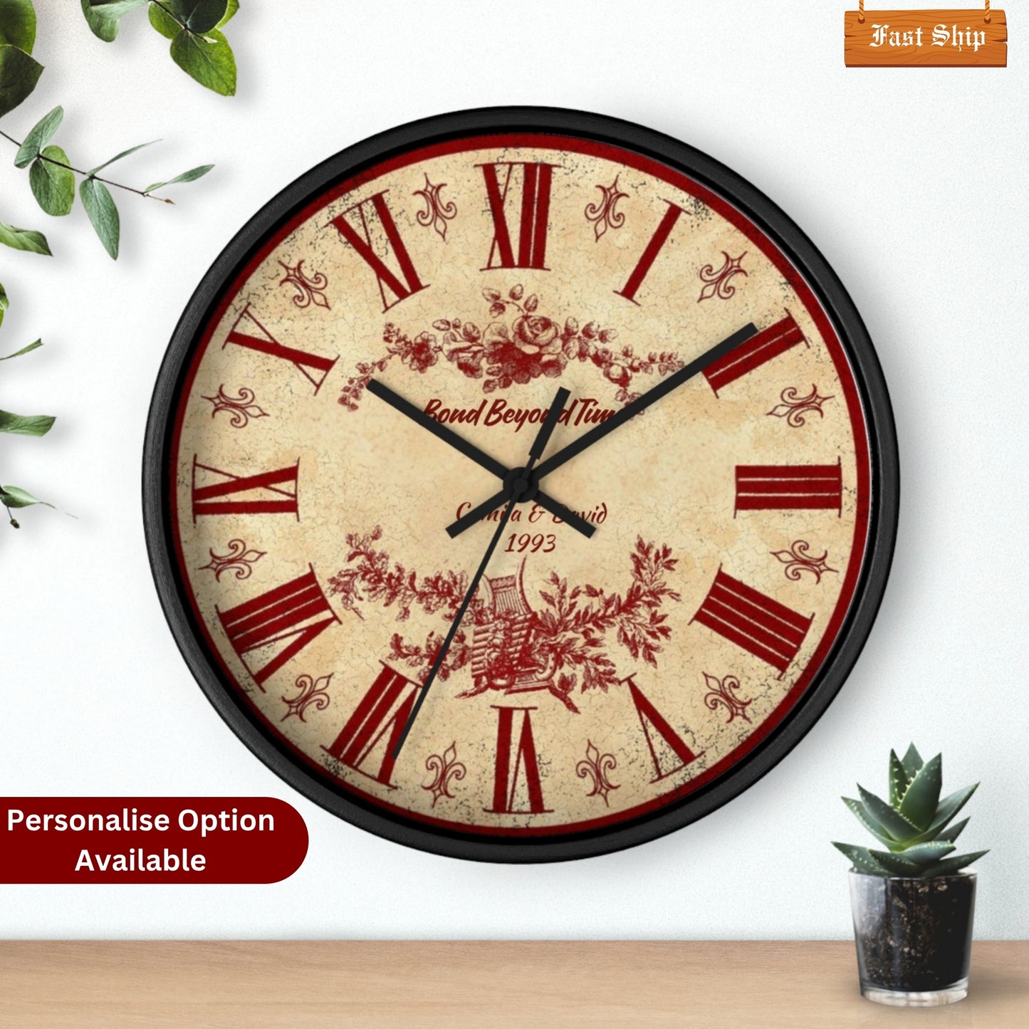 Personalized Vintage Wall Clock – Custom Name & Year Wooden Clock with Roman Numerals Floral Design – Unique Wedding or Anniversary Gift