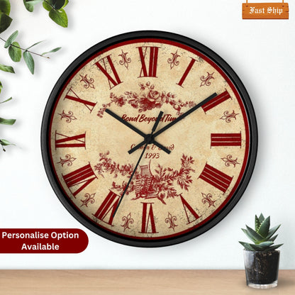 Personalized Vintage Wall Clock – Custom Name & Year Wooden Clock with Roman Numerals Floral Design – Unique Wedding or Anniversary Gift