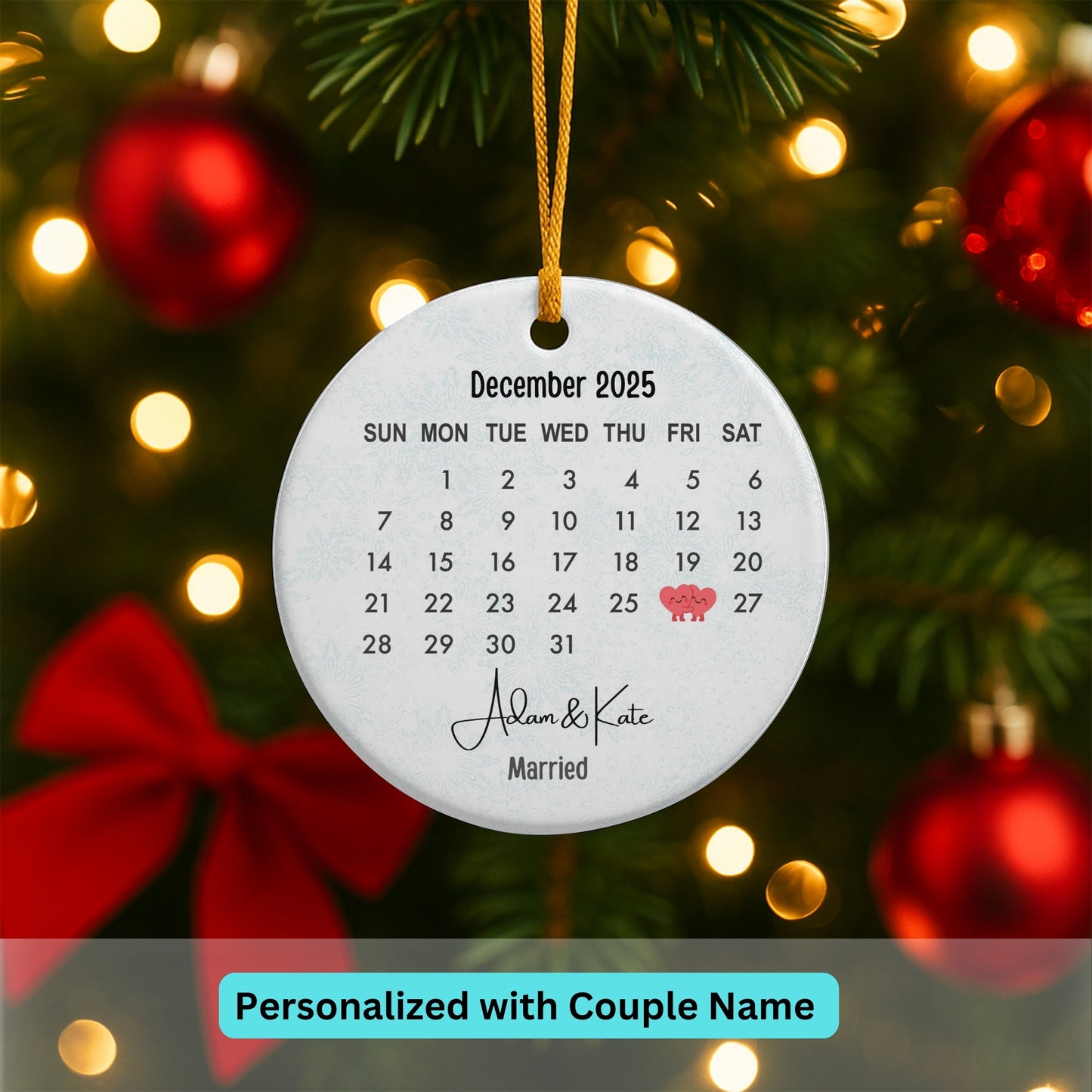Married Ornament, Wedding Gift, Wedding Date ornament, Heart Calendar, Anniversary Gift, Our First Christmas, Newlywed Gift, Wedding Gift