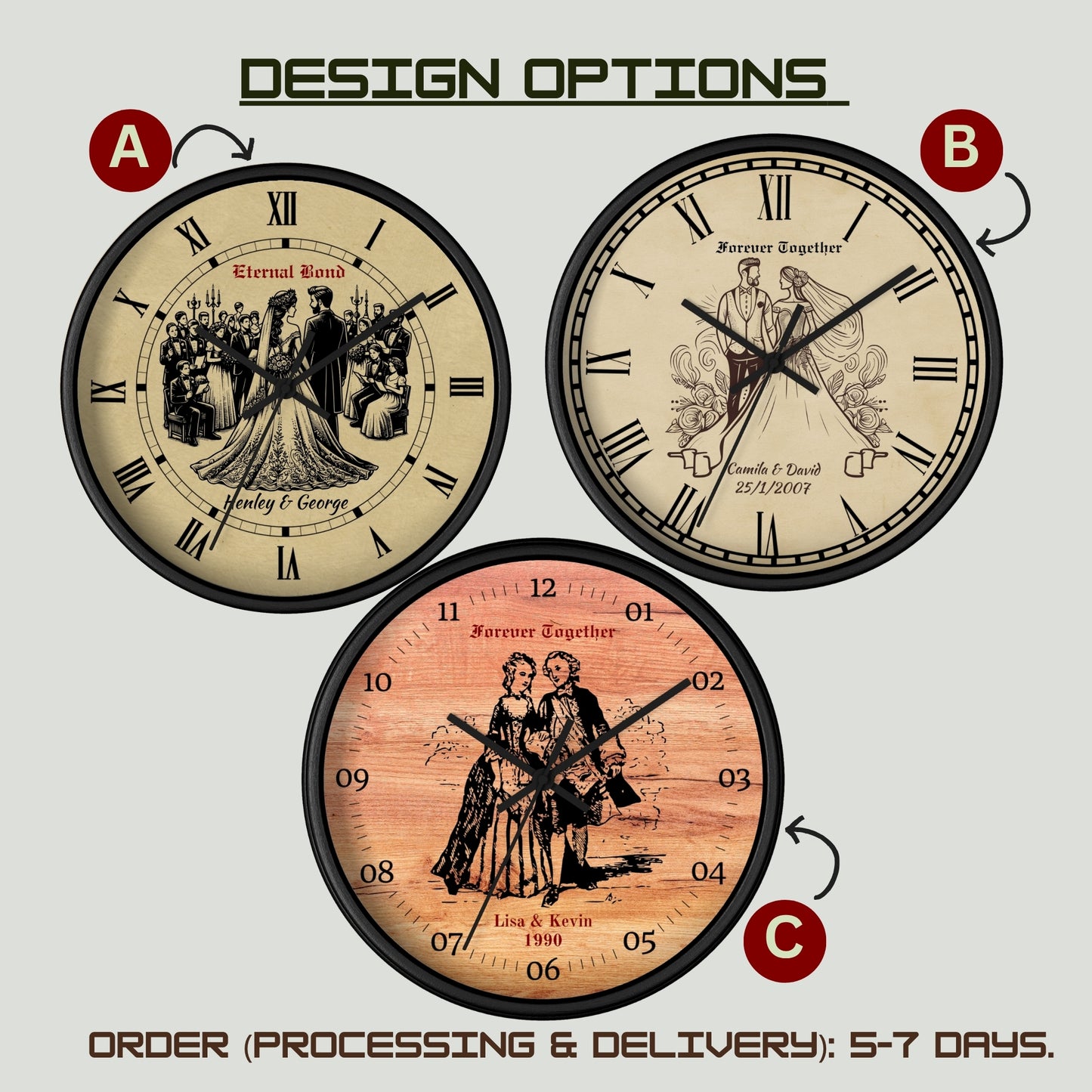 Personalized Wedding Wall Clock – Custom Name Wooden Clock with Bride & Groom Design – Unique Anniversary Gift, Newlywed Home Decor