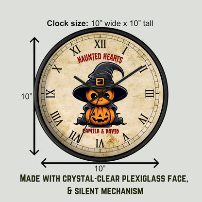 Personalized Halloween Wooden Wall Clock with Pumpkins Witch Design . Custom Couple names, spooky fall décor & unique gift idea for Couples
