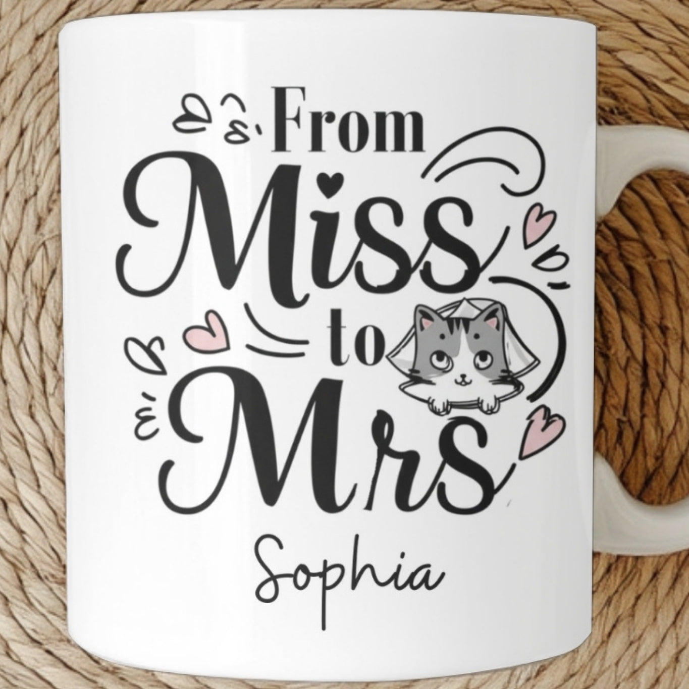 Personalized Future Mrs Mug, Personalised Name Cat Mug Gift Bride to Be, Bridal Shower Gift, Wedding Mug, Custom Name Fiance Coffee Cup