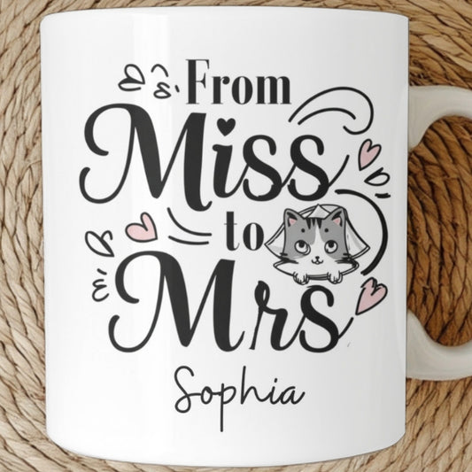 Personalized Future Mrs Mug, Personalised Name Cat Mug Gift Bride to Be, Bridal Shower Gift, Wedding Mug, Custom Name Fiance Coffee Cup
