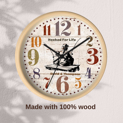 Personalized Father Son Fishing Wall Clock – Rustic Wooden Clock, Hooked for Life Gift, Custom Names, Dad & Son Keepsake, Father’s Day Gift