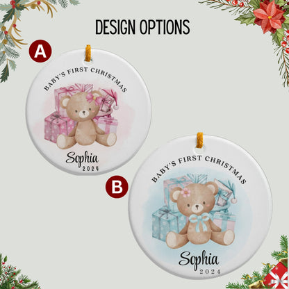 Baby's First Christmas Teddy Bear Bauble | Personalised Xmas New Arrival Ceramic Hanging Tree Decoration | Name, Custom Colours